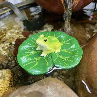 Resin Frog Statue Floating On Lotus Leaf - Unique Green Frog, Outdoor Garden Decor, Yellow Eyes And Pink Belly, Great For Garden Pond, Pool Decoration And Seasonal Celebrations Seasonal Decor | Animal Sculpture | Realistic Frog Statue, Frog Garden Decor