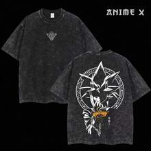 Camiseta unisex 100% algodón lavado vintage, estampado anime estilo Y2K, diseño moderno de moda, tacto suave y confortable, corte holgado, ideal para uso diario y excelente opción de regalo. - Negro - Ver 5