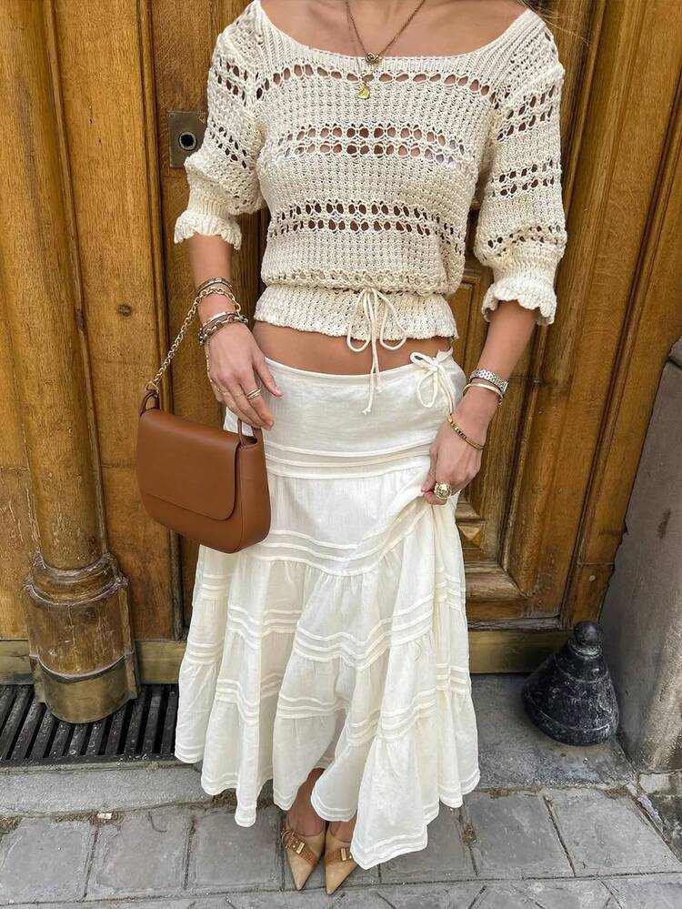 Women's Casual Elegant Versatile Streetwear Commute Vacation Picnic V-Neck Short Sleeve Hollow Drawstring Bow Tie Waist Cropped Sweater In Beige - Beige - View 5