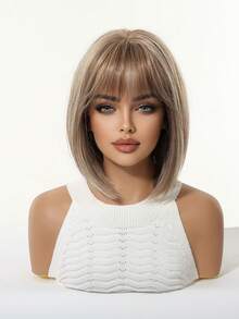 Kurze schwarze braune synthetische Naturhaarperücken für Frauen, Bob-Perücke mit Pony, hitzebeständig für Alltag, Cosplay und Partys - Leinen Gold - Übersicht 4