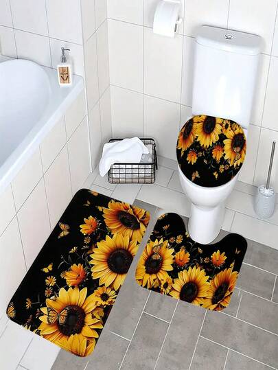 1pc/3pcs Sunflower & Butterfly Pattern Bathroom Mat, Foldable Easy Care Carpet, Modern Thick Absorbent Non-Slip Mat, Decorative Rug For Bathroom, Toilet, Living Room, Indoor Entrance, Bedroom, Home Decor, Housewarming Gift, Suitable For Spring