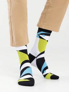 1双男士撞色几何不对称图案艺术设计精梳棉中筒袜，适合旅行、居家、办公、节日送礼 - 彩色 - 查看 7