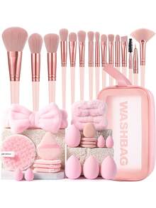 36PCS Makeup Tools Set Including:15PCS Makeup Brush Set+1pc Multi-Functional Zipper Toiletry And Cosmetic Bag Waterproof+4PCS Makeup Sponges+4PCS Mini Makeup Sponges+4PCS Triangle Powder Puffs+4PCS Mini Air Cushion Powder Puffs+1pc Hairband+2PCS Hand Bowl Strap+1pc Facial Cleansing Sponges - Pink - View 13