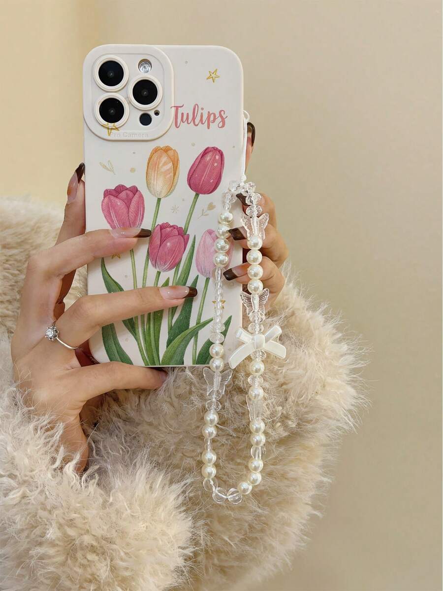 1个带装饰串珠手链的直边穿孔郁金香图案厚实防摔彩绘手机壳,兼容、Galaxy国际版,非国内版 - 彩色 - 查看 1