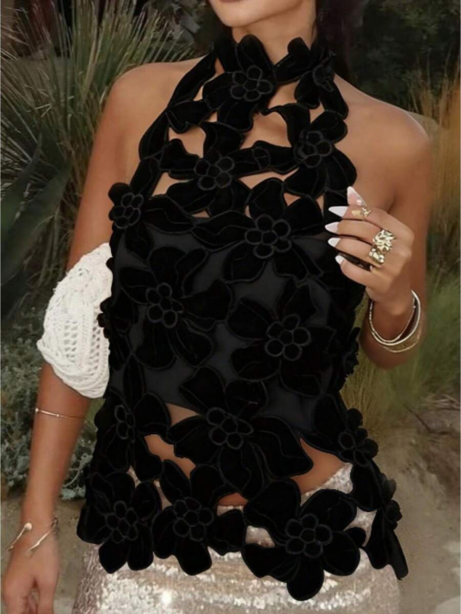 Womens Halter Neck 3D Floral Appliqué Top Featuring A Chic High Neck Design To Sculpt A Flattering Silhouette Perfect For Summer Music Festivals Night Out Clubwear Parties And Fashionable Social Vacation Outings - 黑色 - 查看 1