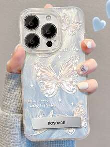 1pc Feather Chiffon Full Coverage Phone Case With Gradient Blue Butterfly & 3D Metal Stand, Suitable For IPhone11/12/13/14/15/16/17/PROMAX - Blue - View 1