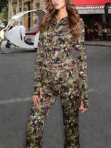 Spring Camouflage Pattern Casual Zip-Up Hoodie And High Waist Flared Pants 2 Pieces Outfit, Streetwear Sports Suit - أخضر - مشاهدة 5