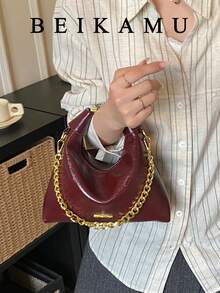 时尚酒红色PU新月形手提包，拉链封口，链条装饰，女士托特包，可调节肩带可斜挎，适合大学、通勤、购物、休闲等场合。 - 酒紅色 - 查看 3