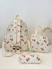 Set de 3 rucsacuri la modă cu model de căpșuni, stil școlar, inclusiv rucsac, geantă de prânz și penar, cu compartiment pentru laptop, bretele reglabile, set de ghiozdane cu capacitate mare și mai multe buzunare, set de rucsac multifuncțional de zi cu zi, potrivit pentru fete/adolescenți/studenți/absolvenți pentru uz zilnic/vacanță/călătorii/înapoi la școală - alb - Vizualizare 10