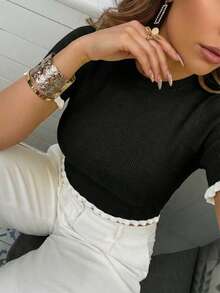 Women's Elegant Holiday/Graduation Knit Top, Casual Short Sleeve Cream Yellow Ruffle Hem Knit Pullover Sweater, Summer