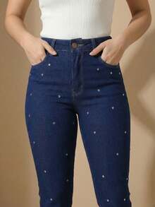 pthirillo Women's Dark Blue Flare Jeans With Butt-Lifting, High Waist, And Rhinestone Detail - Premium Rhinestone Jeans - 水鑽圓點 - 查看 2