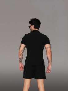 Men's Tracksuit Set: Shirt With Button-Down Shirt And Shorts With Pockets. - màu đen - Xem 2
