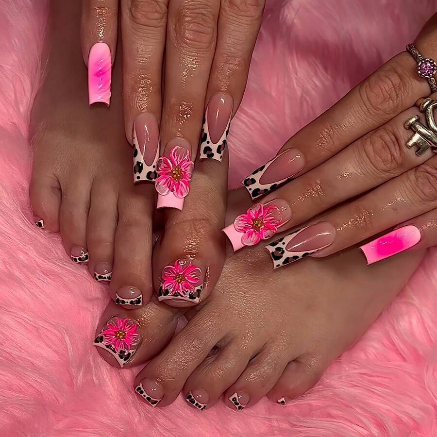 New 48-Piece Sweet Cool Leopard Print French 3D Flower Gradient Set Square Fake Nails Factory Finished Hot - XXS186 - Xem 1