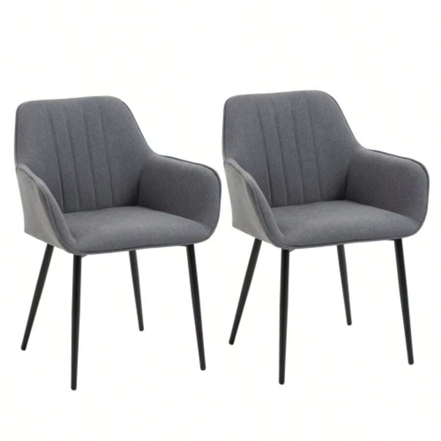 Set Of 2 Dining Chairs. Comfortable Chairs With Breathable Linen Upholstery. Backrest And Armrests. Metal Legs. Dark Grey. 59.5 X 56.5 X 81 Cm - Grey - View 1