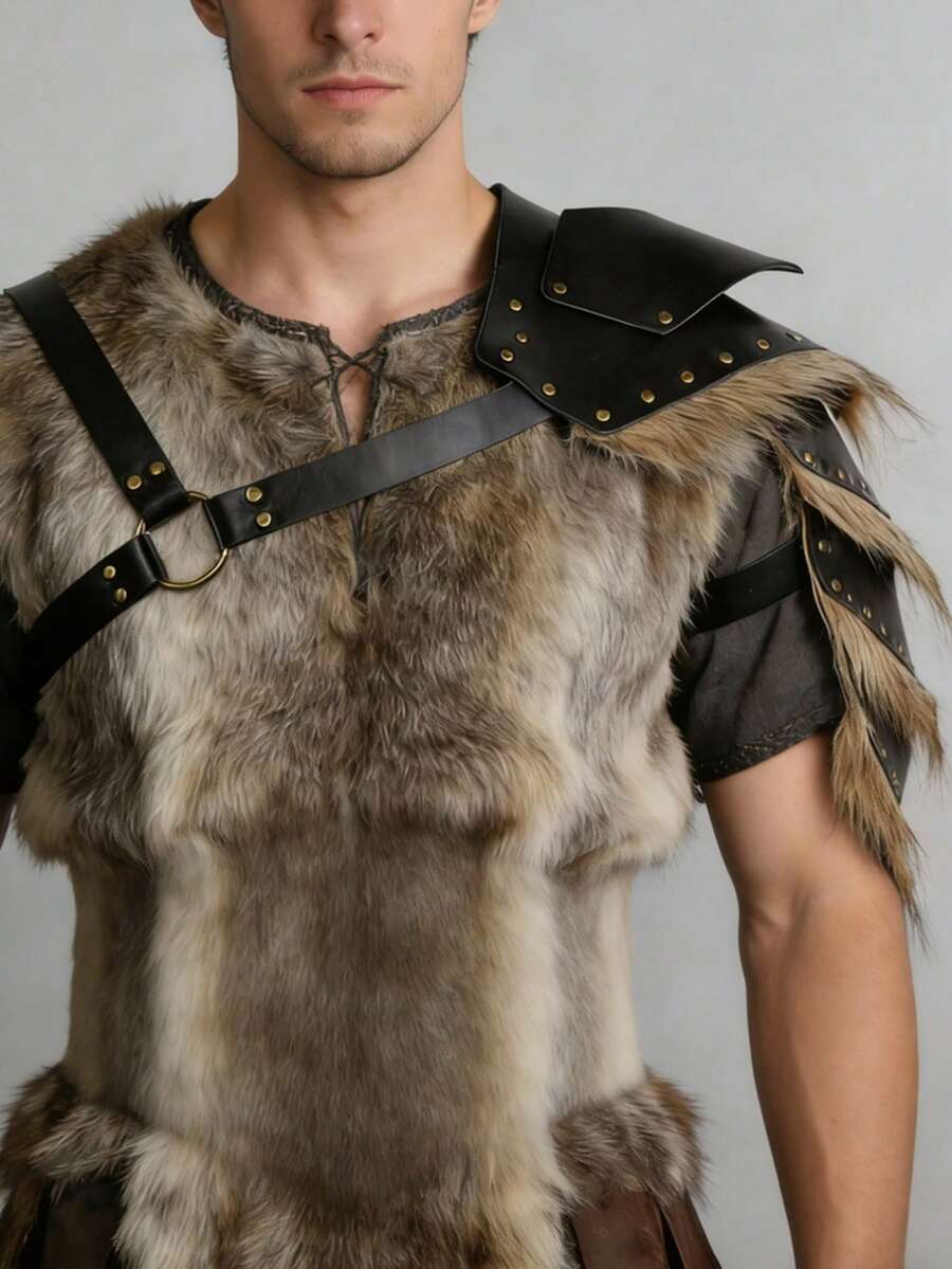 1件男士罗马角斗士肩甲 | PU皮革铆钉设计 | 可调节肩带,适用于LARP角色扮演、万圣节等节日活动 - A - 查看 1