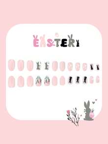 24套复活节主题椭圆形美甲贴纸，图案包括柔粉色、可爱花朵、心形、黑色小兔子、波点等，表面光滑，可完全覆盖人造指甲。可爱的兔子图案适合日常佩戴。椭圆形假指甲，适合女性在节日和派对等场合使用。 - 粉色 - 查看 4