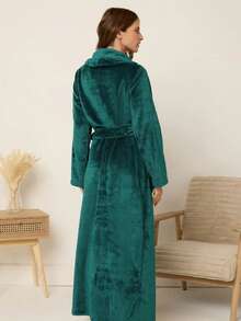 1pc Women's Long Lapel Flannel Lined Casual Bathrobe, Soft Luxurious Fashionable Elegant Charm, Suitable For Early Spring - Green - View 5