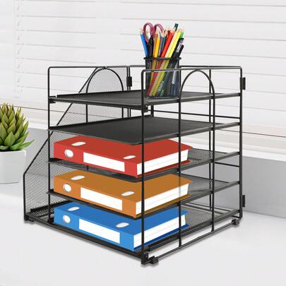 SHIOUCY Black 5-Tier Multifunction Desk File Organizer 12.6x12.2x12.4in SPCC Mesh Panel For Office Home Study Library Document Storage