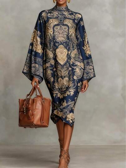 Women's Comfortable Floral Print Mandarin Collar Wide Sleeve Spring/Autumn Dress