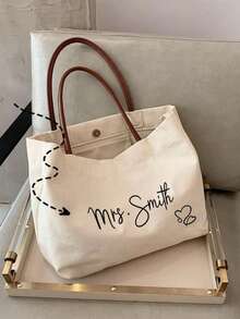 1pc Customizable Bridesmaid Tote Bag, Beach Bag, Women's Handbag, Shopping Bag, Personalized Text And Name, Suitable For Weddings, Bachelorette Parties And Travel, Ivory Color - Multicolor - View 2