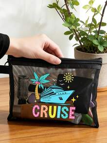 Cruise Life字母图案网眼化妆包，饰有椰子树、贝壳、鲸鱼、海星图案，红色气垫收纳便携包，化妆包，护肤包，旅行必备，宿舍用品，新娘礼物，母亲礼物，生日礼物，化妆品收纳包，化妆袋，洗漱包，旅行洗漱包 - 彩色 - 查看 4