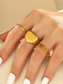 3pcs 18k Gold Plated Stainless Steel Heart Shaped & Plain Band Ring Set, Available In Size Options, Suitable For Women's Daily Decoration Or Gift - Yellow Gold - View 1