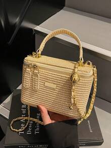1-Piece New Style Simple Casual Versatile Woven Straw Bag Lunch Box Small Bag Chain Shoulder Messenger Bag Holiday Season Hot Small Bag Shoulder Messenger Bag,Vacay Vibes,Beachweekend,Utilitarian Chic - Khaki - View 13