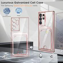 1pc Pink Electroplated Card Holder Case With Card Slots, Electroplated Shiny Buffered Transparent Ultra-Thin Shell, Shock-Proof Transparent Silicone Wallet Cover, Suitable For Samsung Galaxy S26 Ultra/S26 Plus/S26/S26 Edge/S25 Ultra/S25 Plus/S25/S25 Edge/S25 FE/S24 Ultra/S24 Plus/S24/S23 Ultra/S23 Plus/S23/A56/A36/A26/A55/A35/A25/A15/A24/A34/A14/A16/A06 And Apple - Pink - View 2