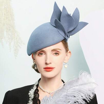 HIMESPORT Haze Blue 's Wool Felt Fascinator Hats For Ladies Women Church Formal Occasion Tea Party Dress Hat With Big Flower Formal
