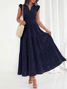 Womens Boho Maxi Dresses  Summer Floral Lace Eyelet V Neck Spring Wedding Guest Dress Beach Vacation Clothes - 藏蓝色 - 查看 2
