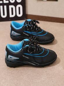1 Pair Kids' Sports Shoes, Blue & Black Color Block, Lace-Up, Round Toe, All Season Soccer Shoes, Suitable For School Sports And Daily Wear - Blue - View 7