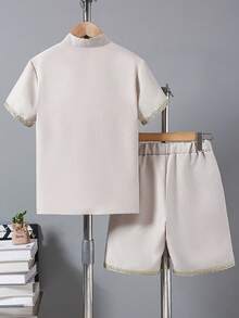 2pcs/Set Boys' Casual Outfit, Fashionable & Versatile Short Sleeve Tee And Shorts, Comfortable Summer Wear, Suitable For 8-12 Years Old Boys, Ideal For Daily And Outdoor Wear, Perfect Choice For Ramadan - Beige - View 2