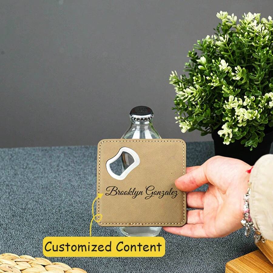 1pc Customized Leather Coaster With Built-In Bottle Opener, Engraved With Couple's Names, Wedding Date Or Personalized Logo, Suitable For Beer, Soda And Other Beverages At Wedding Receptions - Multicolor - View 1