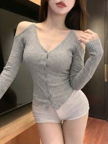 New Sexy Hollow Out Shoulder Long Sleeve Knit Sweater For Women, Contrast Lace Back, Spring/Summer - Gray - View 6