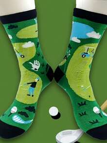 1双男女通用绿色高尔夫印花透气运动中筒袜，适合日常穿着和高尔夫主题服装，四季皆宜。 - 彩色 - 查看 3