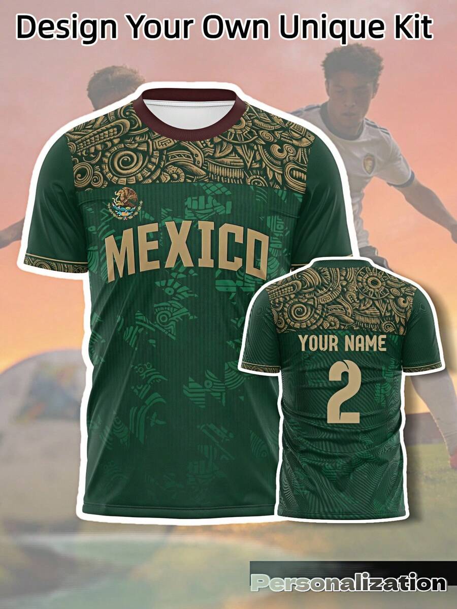 1 pièce Maillot de soccer personnalisé vert Mexique - Design artistique unique, tissu premium absorbant l'humidité, personnalisable avec votre nom/logo, idéal pour les jours de match, les événements culturels, la Coupe du monde 2026, cadeau de la Saint-Valentin Été Sports - Vert - Voir 1