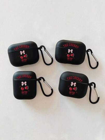 1pc Black Matte Butterfly & Cherry Print Protective Case With Black Hook, Compatible With Apple Bluetooth Earphones (Earphones Not Included)