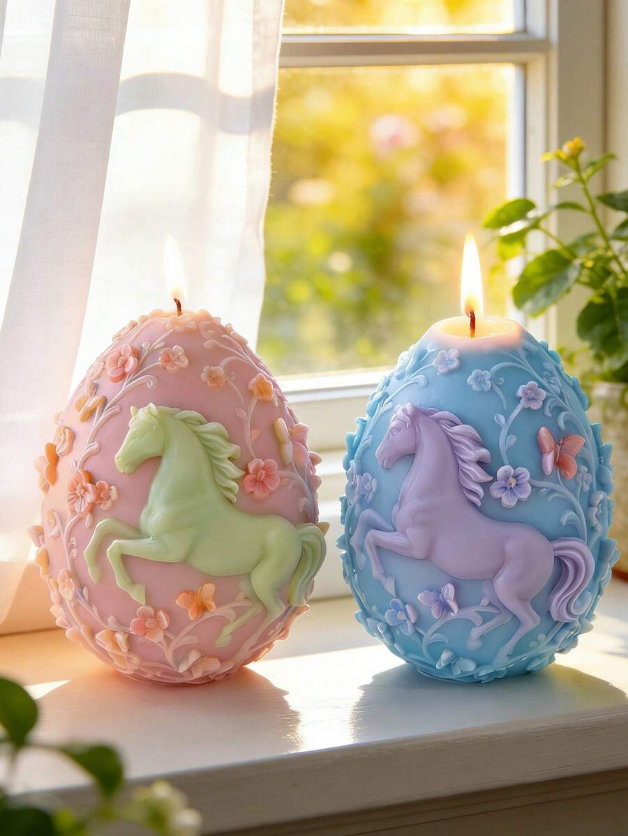 1pc 3D Easter Egg Silicone Mold Horse & Flower Embossment Heat-Resistant Easy Demold Reusable For Candle/Gypsum/Resin/Handmade Soap Candle Mold Easter Holiday Decor Gift For DIY Enthusiasts - A - View 1