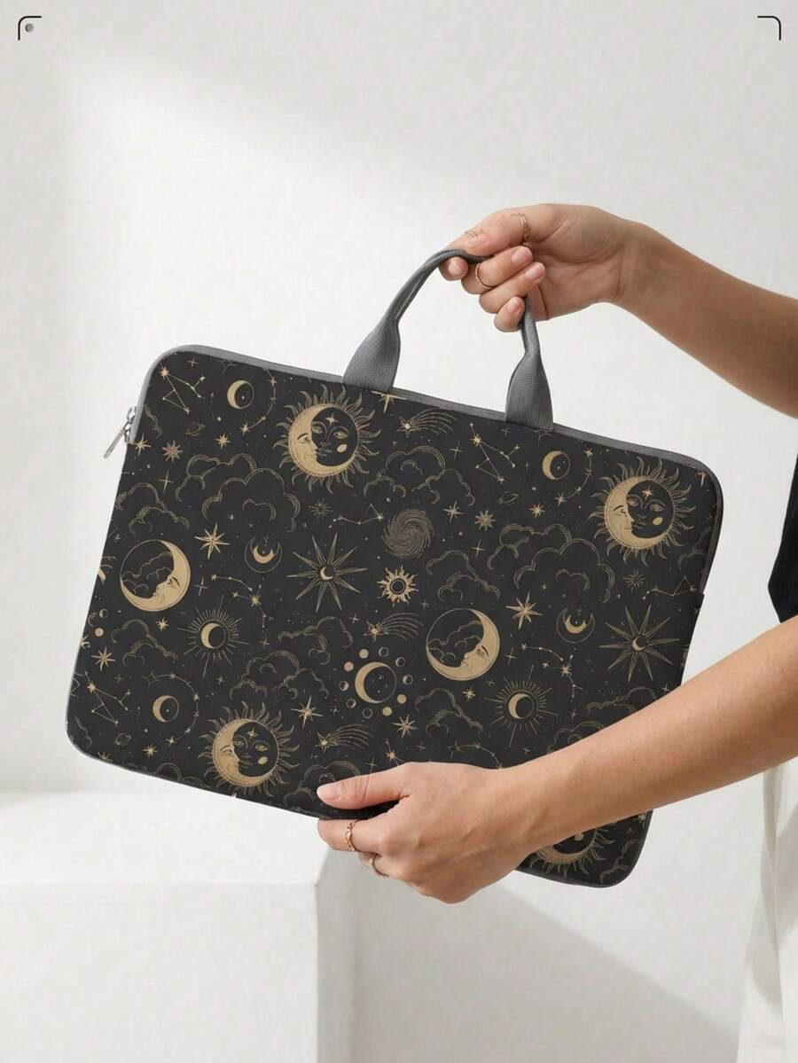 Star & Moon Pattern Laptop Sleeve, Laptop Bag, Laptop Case, Tablet Pouch, Laptop Zipper Sleeve, Computer Bag, School/Business/Office Laptop Bag, Classroom Organizer Bag - Black - View 1