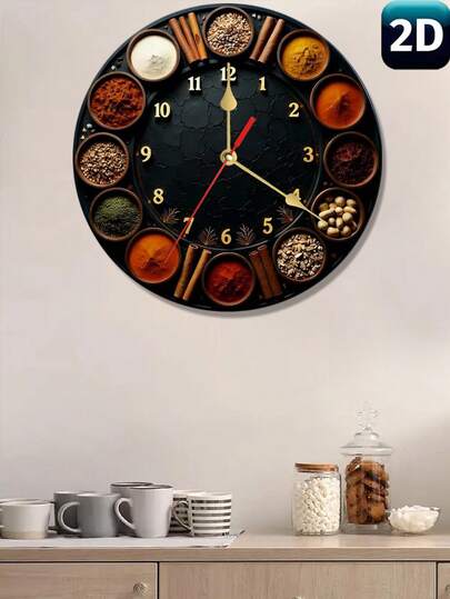 1 Pc 10-Inch/12-Inch Silent Round Clock Face, Surrounded By Various Spices And Seasonings - Wooden Material, Quartz Movement, Mixed Color With Gold Accents, Battery Powered (AA Batteries Not Included), Suitable For Bedroom, Kitchen, Study, Garage, Christmas Decor, Living Room Clock, Artistic Details, 2D Design
