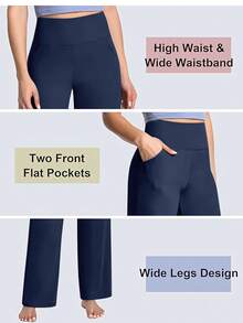 GEREARC Women's High-Waist Elastic Wide-Leg Yoga Pants – Pocketed Casual Sportswear - 深藍色 - 查看 4