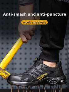 Men's Steel Toe Athletic Shoes, Rotating Button Design, Breathable & Lightweight Anti-Smash Anti-Puncture Women's Work Shoes, Work Shoes - Black - View 5
