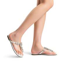Women Flat Sandals Rhinestone T-Strap Flip Flops Thong Sandals Vacation Beach Casual Chic Party Slip On Sandals Shoes - 白色 - 查看 9