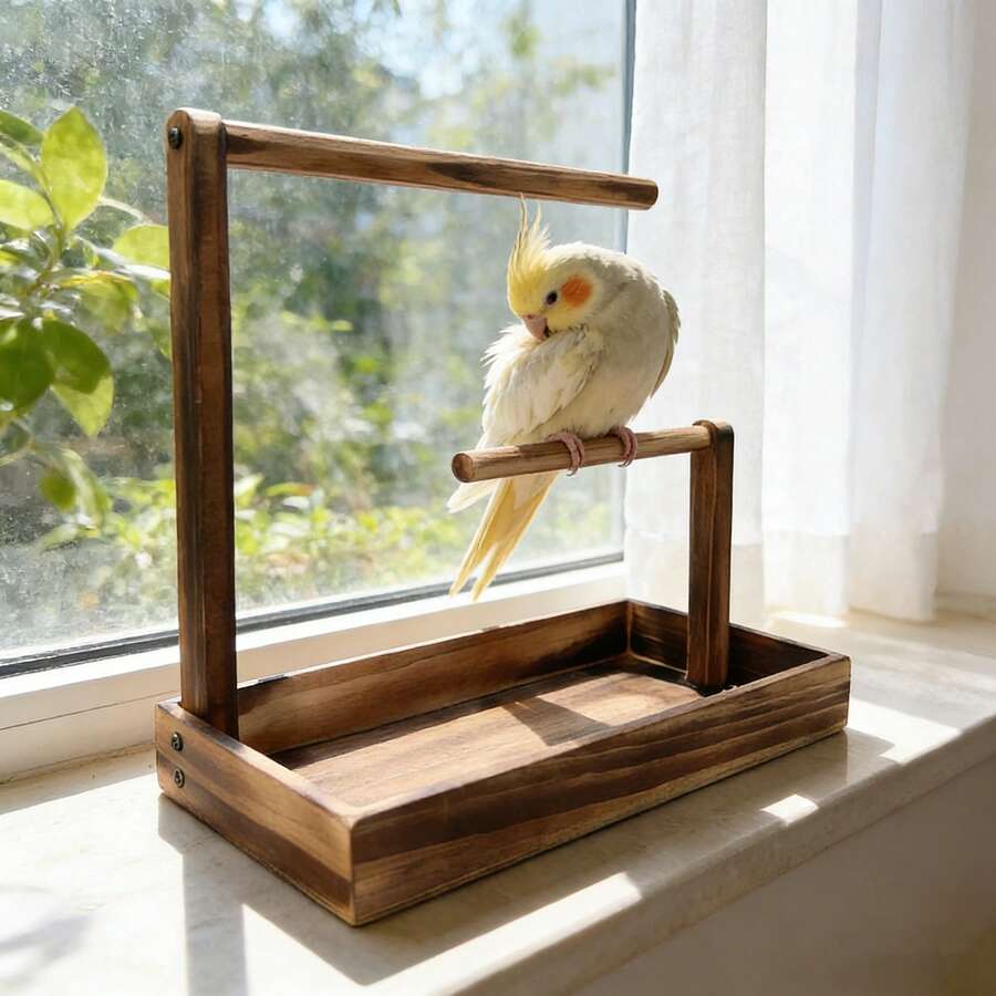 1pc Wooden Parrot Stand, Bird Perch, Bird Training Rack, Bird Toy, Bird Nest, Bird Feeder, Bird Supplies, Suitable For Parrots, Magpies And Various Birds - Brown - View 1
