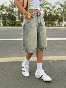 Women Casual Denim Capris Wide Leg Zipper Jeans Non-Stretch For Summer Outfits - Blue - View 2