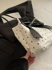 1pc White Embossed Fabric + Black Bow Accent One Shoulder Tote Bag, Open Top Design, Sweet & Cool Style, Suitable For Women Everyday/Commute, All Seasons - White - View 7