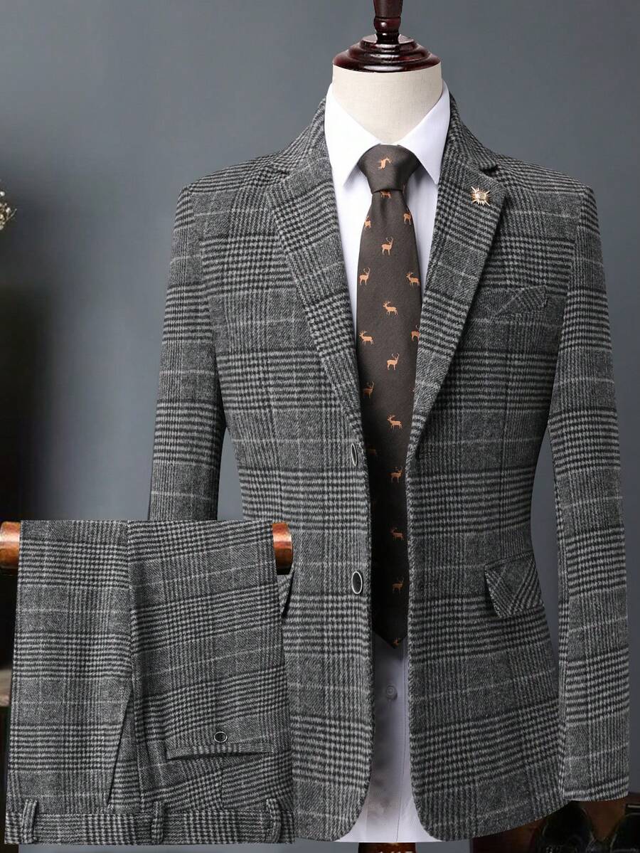 Latest Men's Fashion Style Suit Set, Business And Leisure Slim Fit Two-Piece Set, Four Season Style, Banquet And Travel, Business And Leisure Suit Two-Piece Set - Dark Gray Plaid - View 1