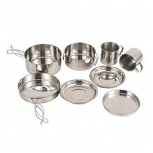 Stainless Steel 8pcs Camping Mess Kit: Pots Pan Plates Set For Hiking & Picnic Trips - Silver - View 1