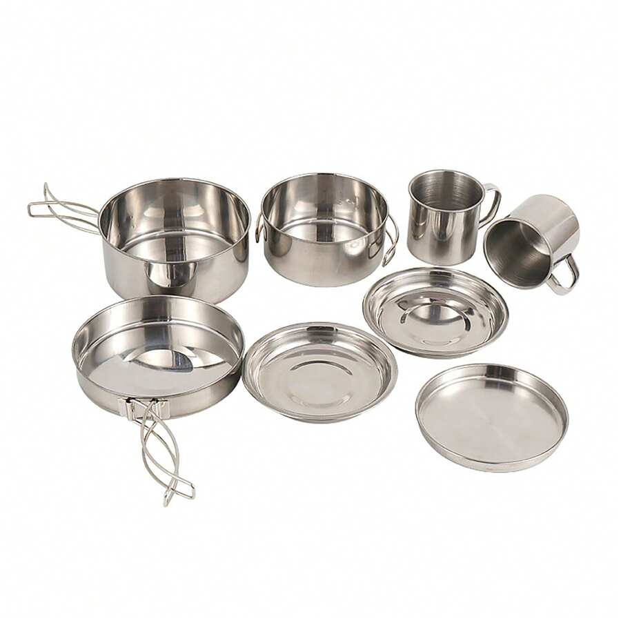 Stainless Steel 8pcs Camping Mess Kit: Pots Pan Plates Set For Hiking & Picnic Trips - Silver - View 1