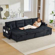 Modern 4-Personen-Samtsofa Mit Beidseitigen Chaiselongues, Integrated Stauraum, Getränkehaltern, USB-Anschlüssen Und Ausziehbarer Schlaffunktion – Style Für Jedes Wohnzimmer.Schwarz - Black + Corduroy + Foam + 4 Seat - View 1